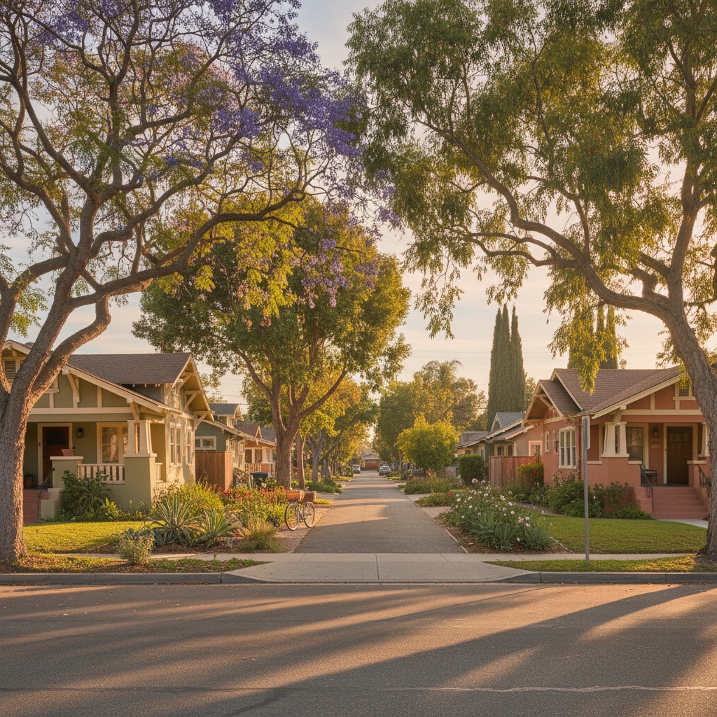 Tree-lined Fullerton neighborhood with craftsman homes